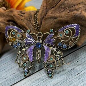 Hollow Butterfly Pendant Oil Drop Inlay Pink/Turquoise Rhinestone Aged Bronze